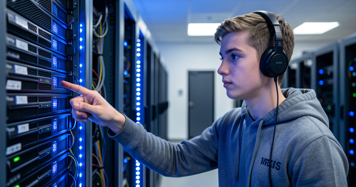 Alternant administrateur systèmes et réseaux dans une salle serveur moderne