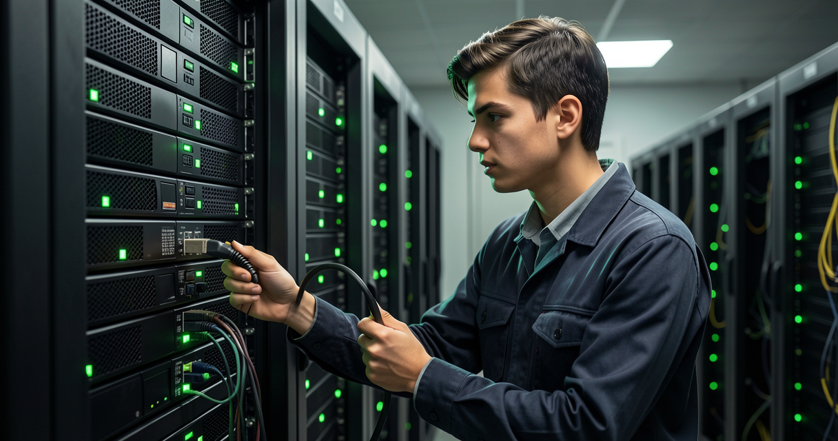 Étudiant en alternance configurant un équipement réseau avec câble Ethernet