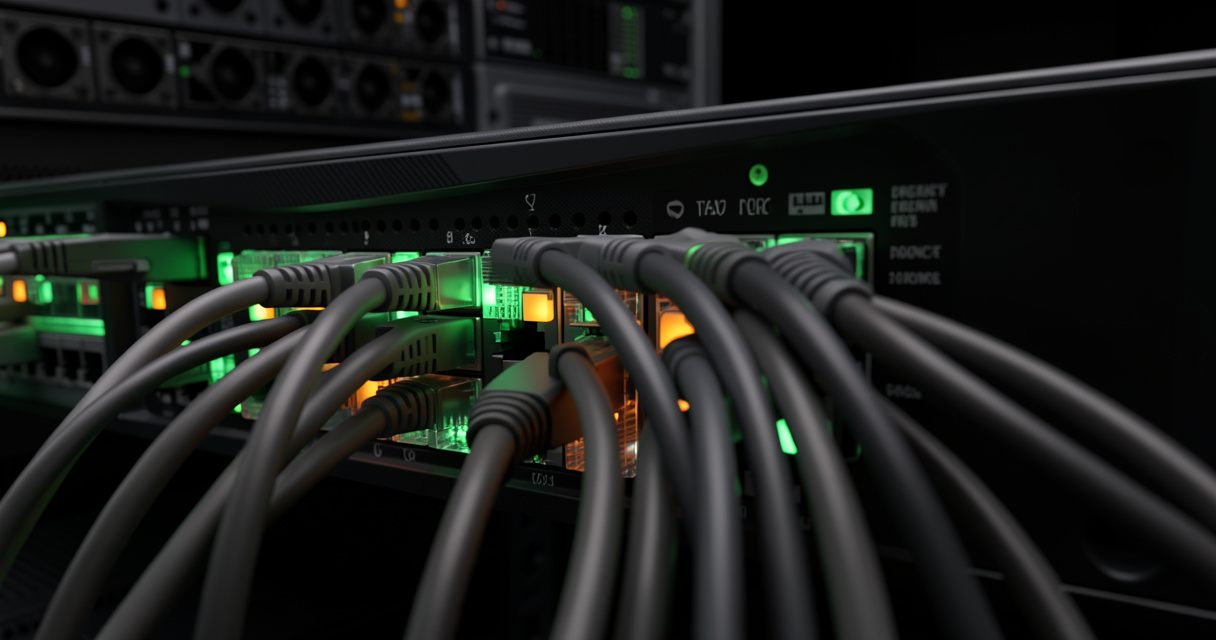 Switch réseau avec câbles ethernet branchés dans un centre de données géré par un ASR