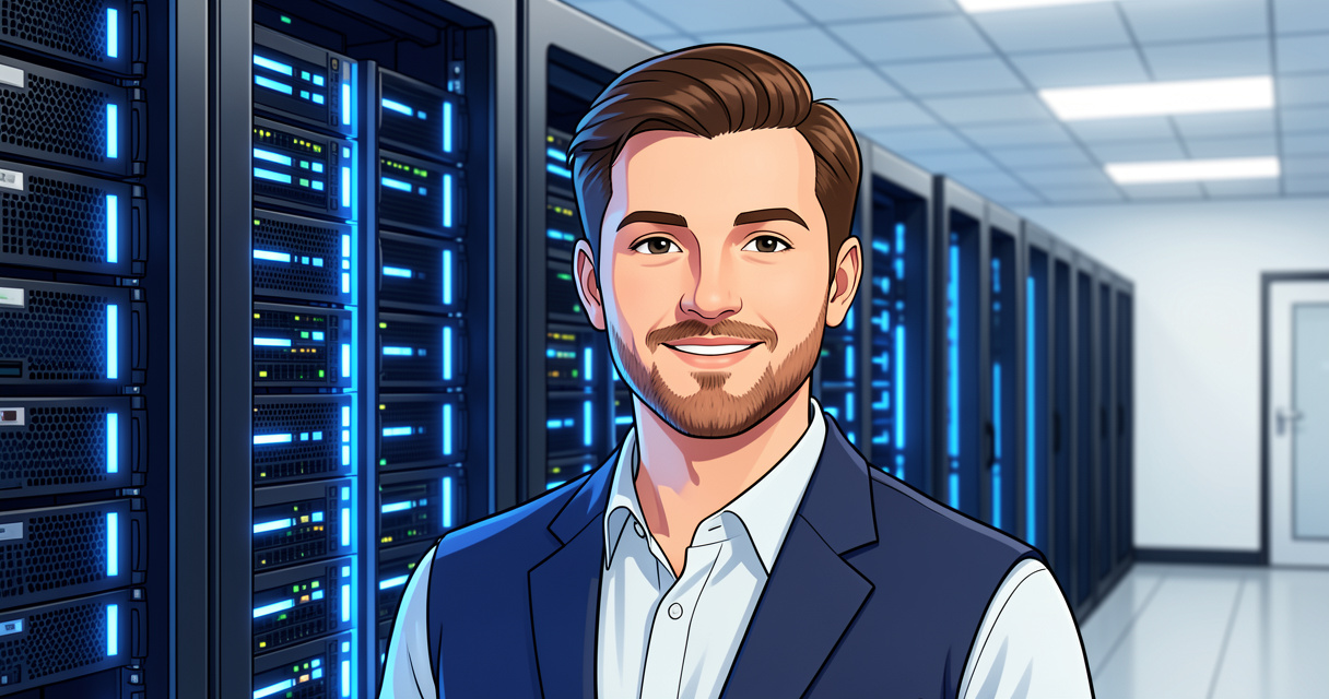 Administrateur systèmes et réseaux en tenue professionnelle dans un data center moderne - compétences techniques sur CV