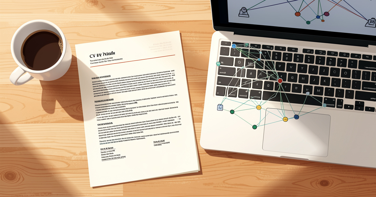 CV imprimé d'administrateur réseau sur un bureau avec diagramme réseau sur écran - exemple de CV administrateur système
