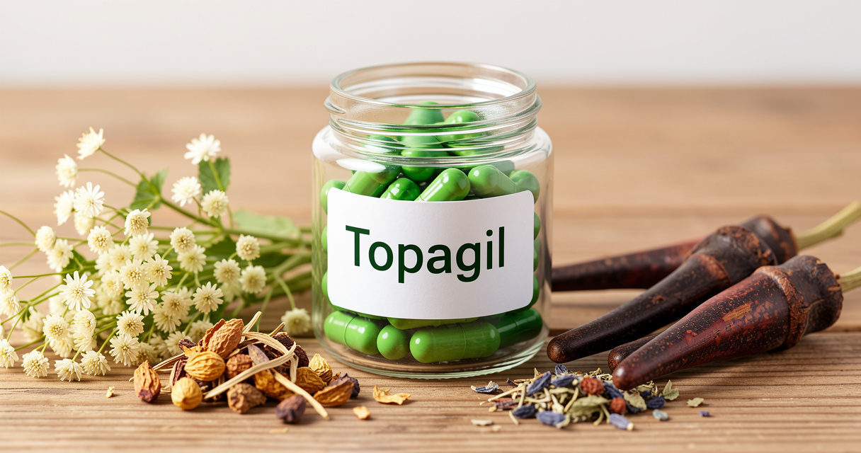 Flacon de gélules Topagil avec plantes séchées reine des prés et harpagophytum, composition naturelle