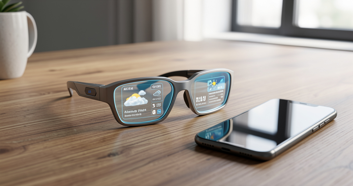 Lunettes intelligence artificielle posées sur un bureau avec affichage transparent de notifications