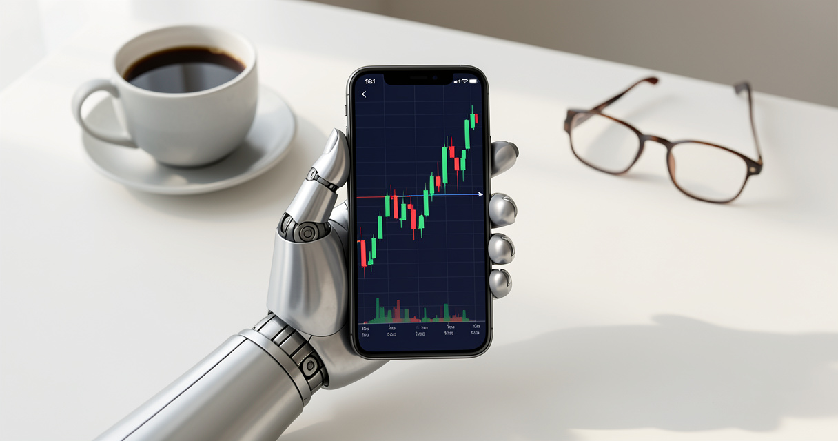 Application de trading IA affichant des graphiques boursiers sur un smartphone avec assistance robotique