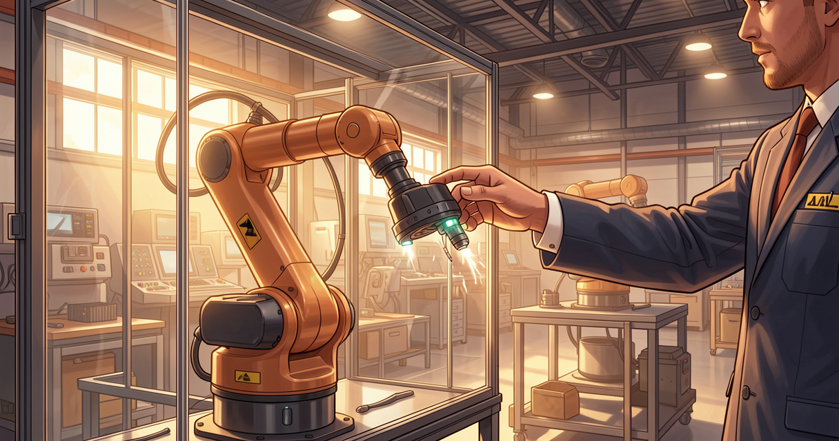 Robot collaboratif industriel travaillant aux côtés d'un opérateur humain dans un atelier de production moderne