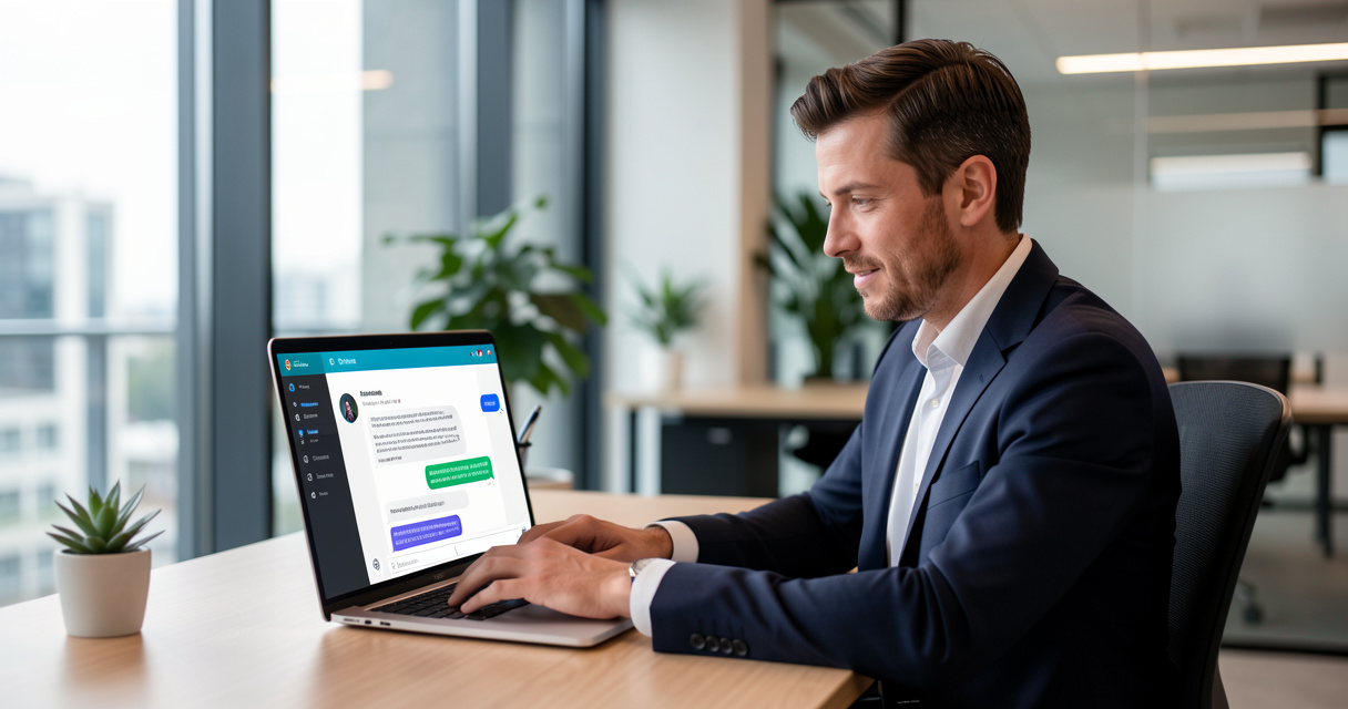 Entrepreneur rédigeant un prompt IA sur son ordinateur dans un bureau moderne