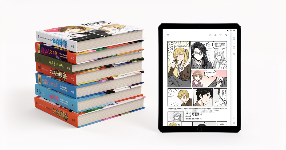 Illustration contrastant mangas papier et webtoon numérique pour illustrer le scanlation