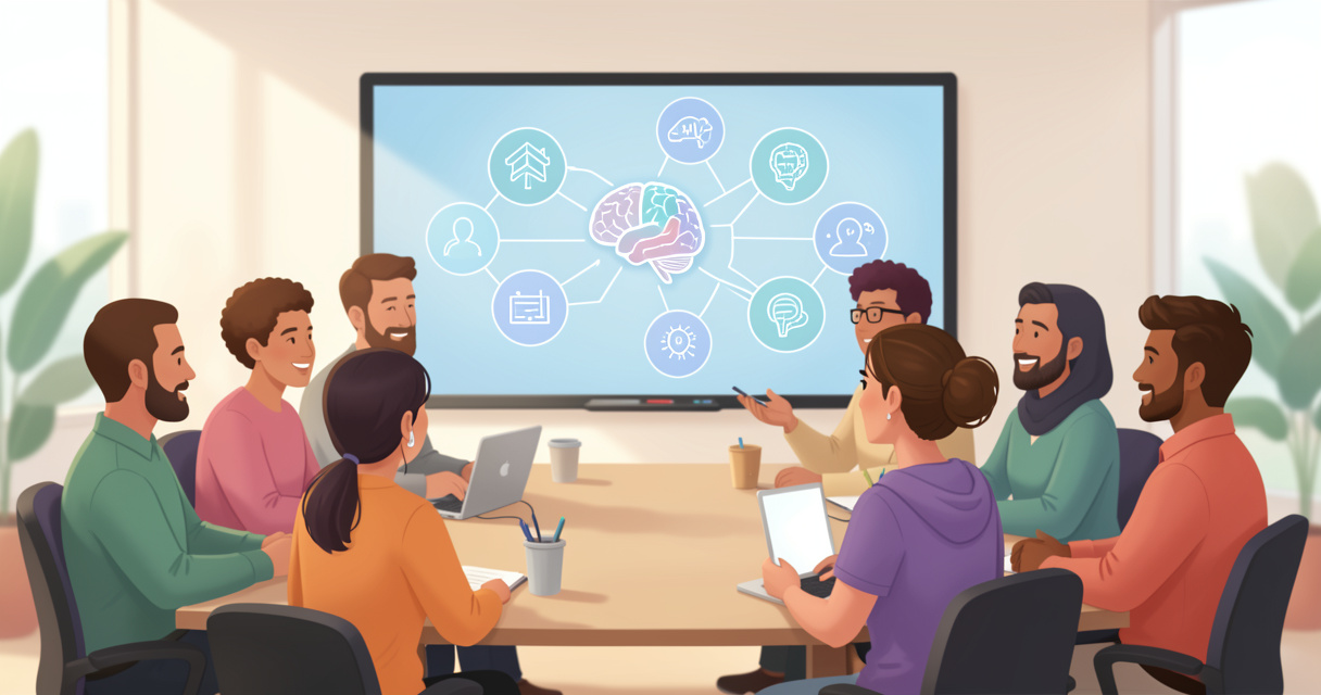 groupe enseignants en formation IA 2026 salle moderne avec tableau interactif