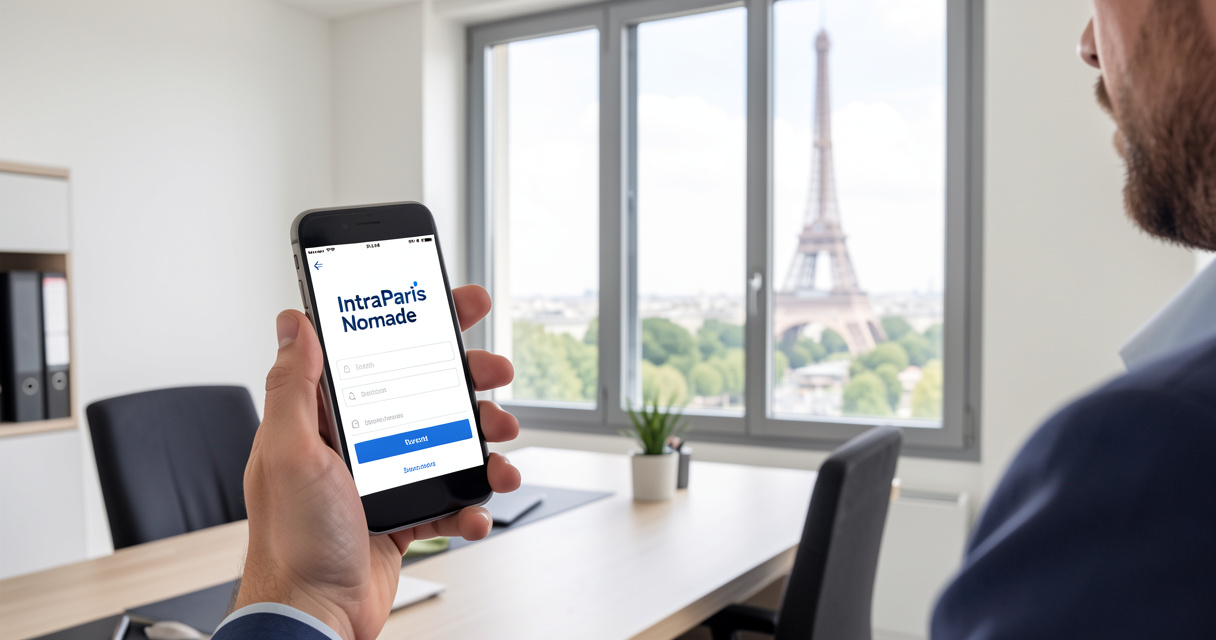 Agent municipal de Paris se connectant à IntraParis Nomade sur smartphone avec la tour Eiffel en arrière-plan
