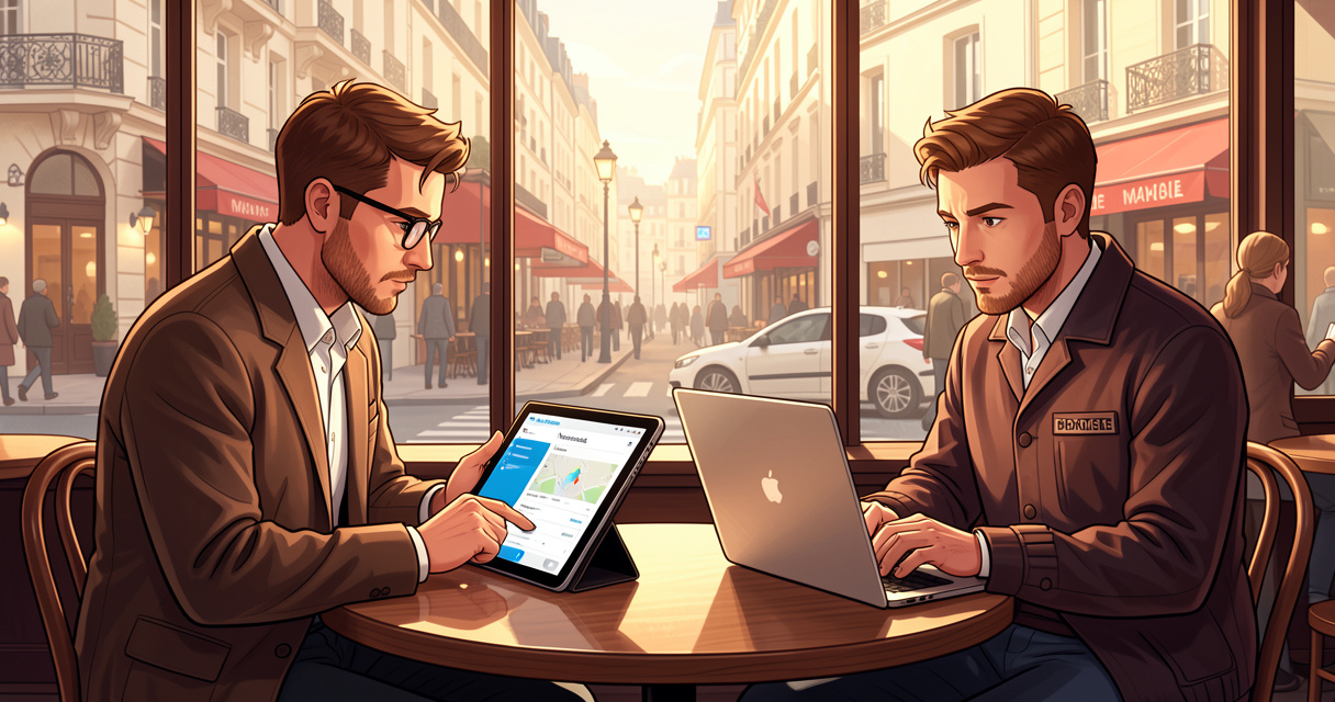 Deux agents de la Ville de Paris utilisant IntraParis Nomade en télétravail dans un café parisien