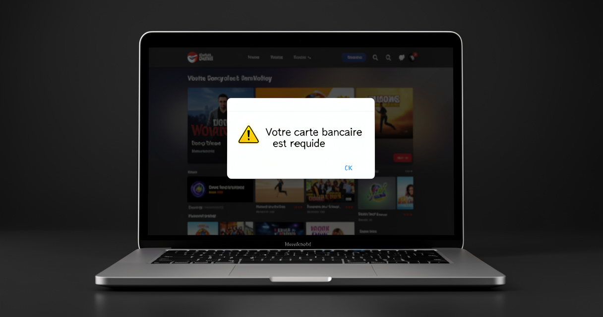 Interface de streaming avec demande de carte bancaire, avertissement arnaque Sodirm