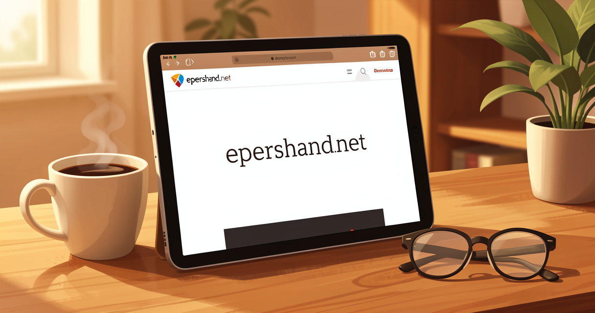 Tablette affichant le site epershand.net avec café et lunettes dans un bureau moderne