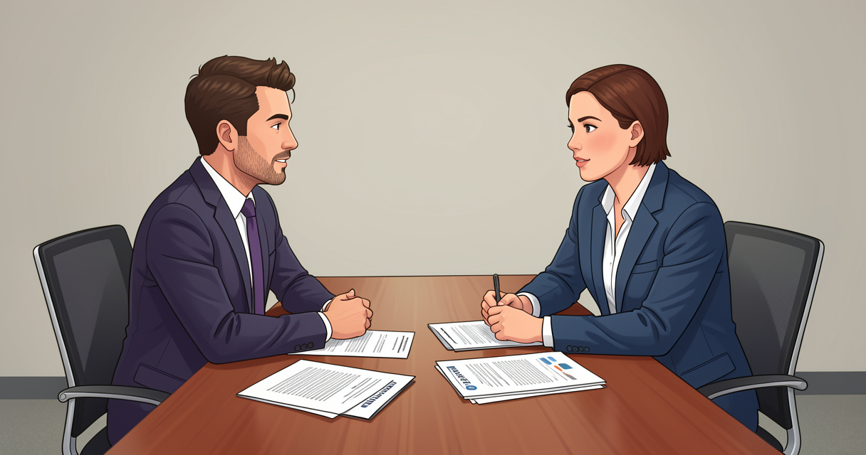 Entretien entre un recruteur d’une compliance staffing agency et un candidat expert en conformité réglementaire