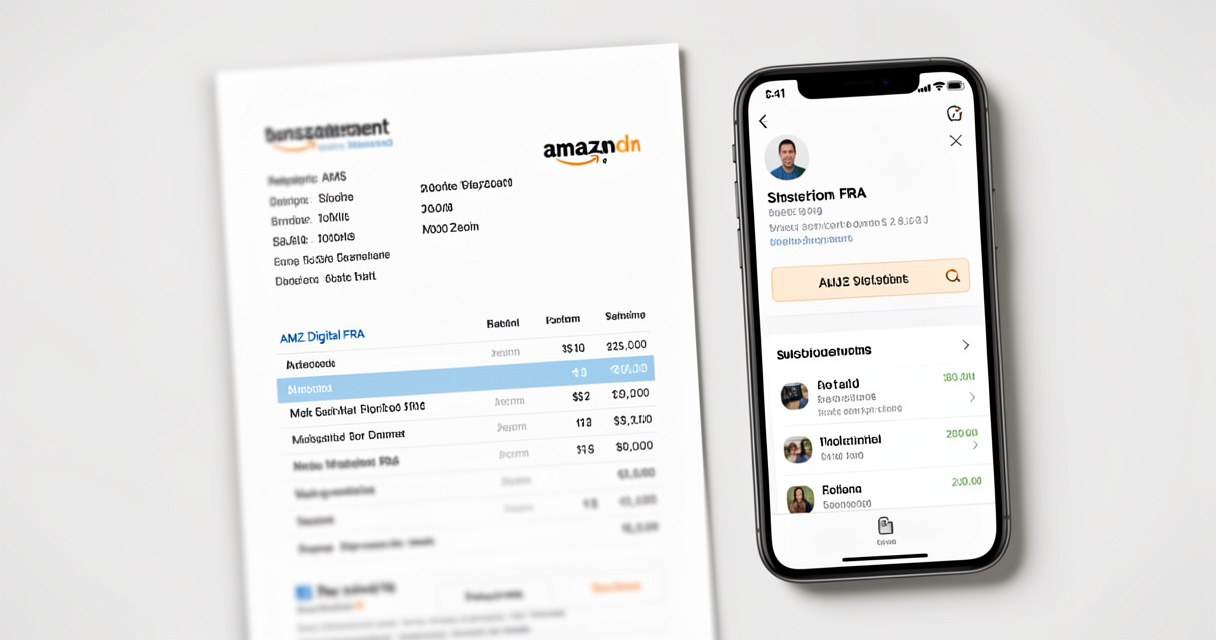 Relevé bancaire présentant le prélèvement AMZ Digital FRA à côté d'un smartphone avec la page de gestion des abonnements