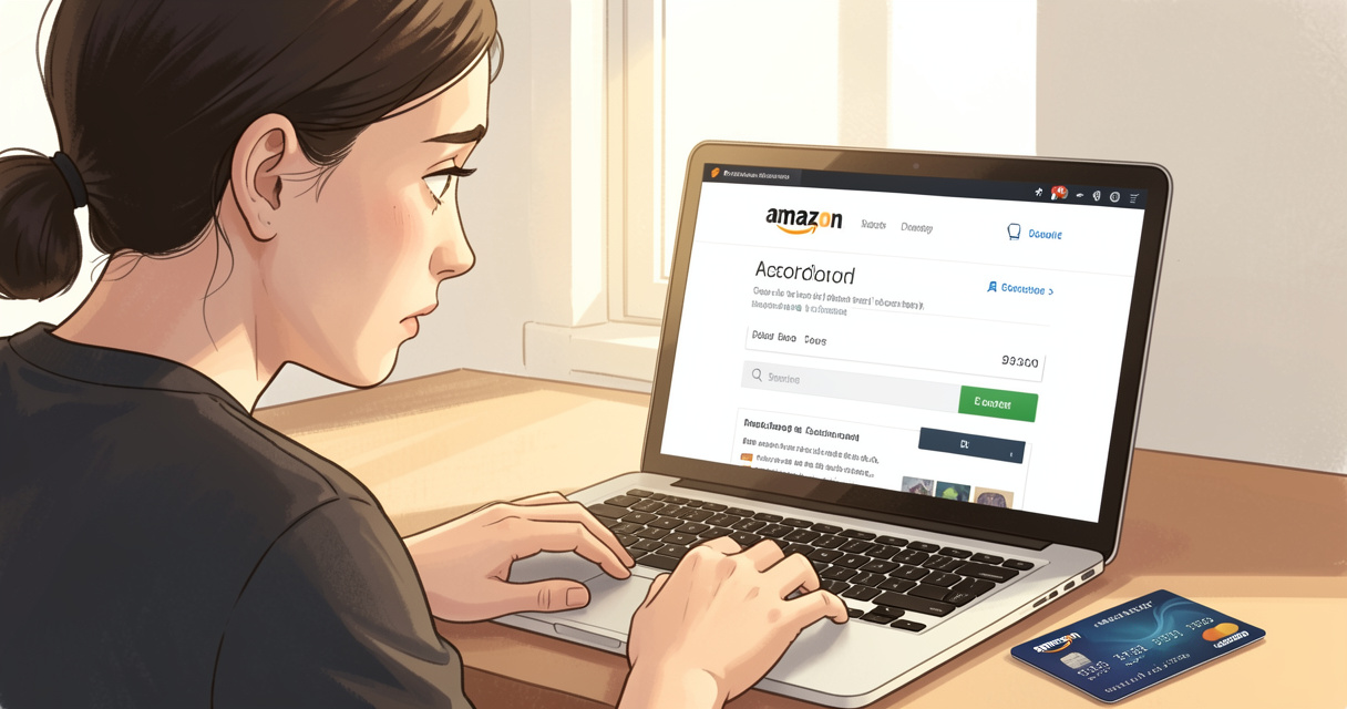 Personne consultant son compte Amazon sur un ordinateur portable, carte bancaire sur le bureau, cherchant l'origine d'un