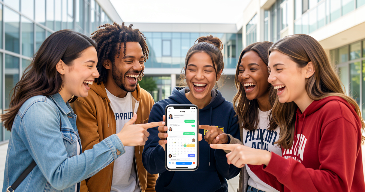 Étudiants utilisant l'application Vibly sur un campus pour organiser un événement associatif