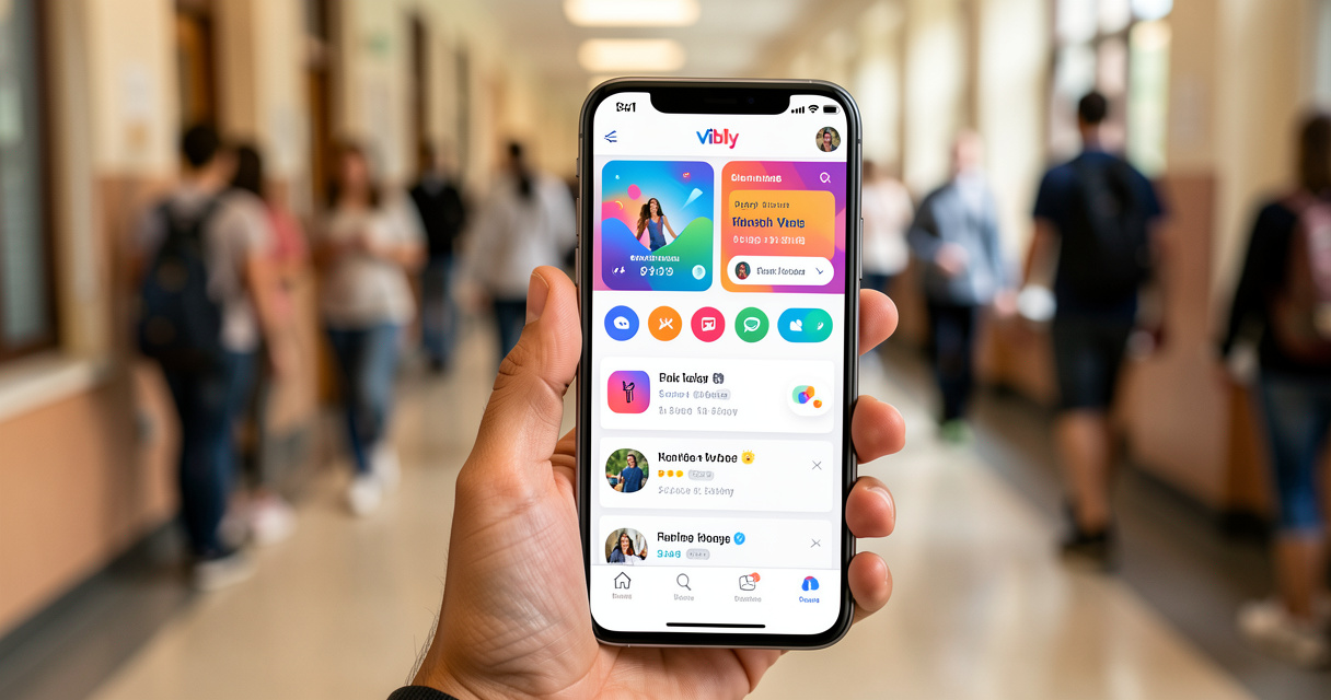 Dashboard de l'application Vibly affiché sur un smartphone en milieu universitaire