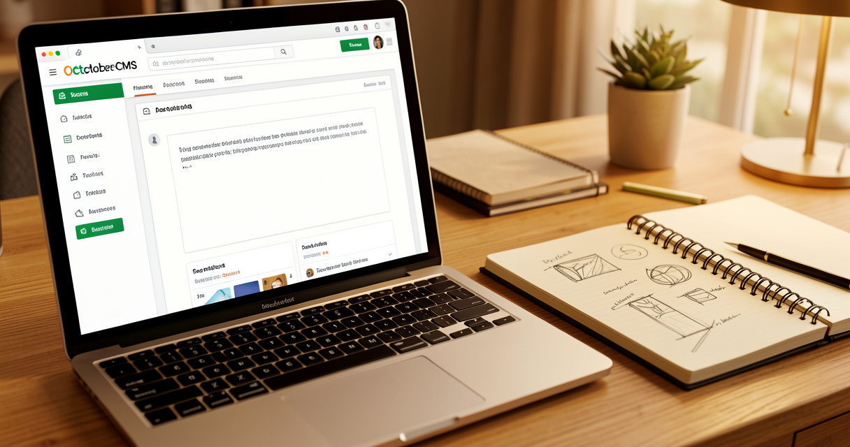 Écran d'ordinateur avec interface October CMS et carnet de notes