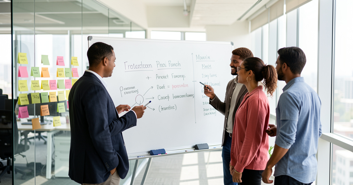 Équipe marketing et produit planifiant une stratégie go-to-market dans un bureau moderne