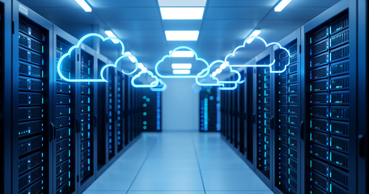 Salle serveur moderne avec icônes cloud flottantes symbolisant une suite cloud d'entreprise
