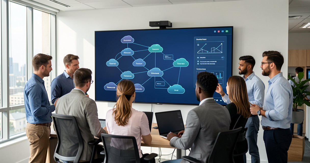 Équipe IT collaborative analysant une architecture multi-cloud sur écran tactile