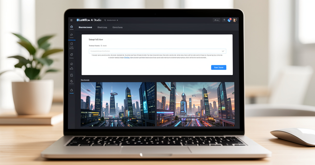 Interface de BlueWillow AI Studio sur écran d'ordinateur avec génération de quatre images de ville futuriste