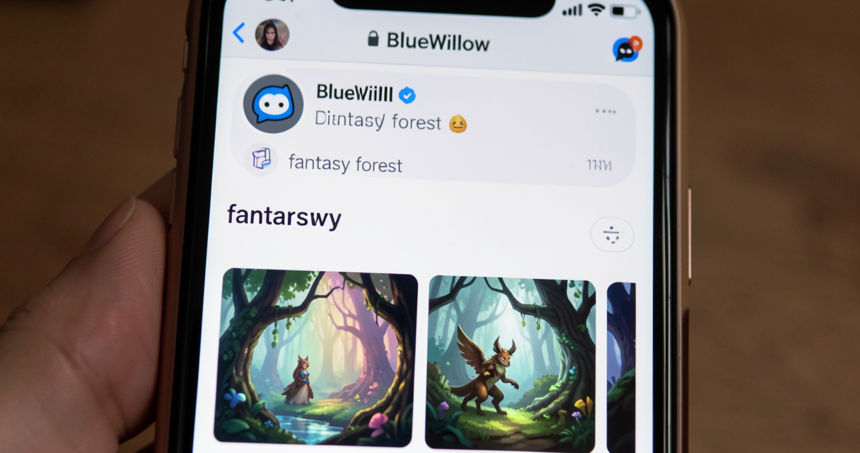 Application BlueWillow sur smartphone montrant un échange avec le bot Discord et des images générées de forêt fantastiqu