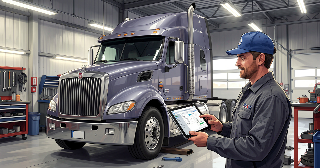Mécanicien utilisant l'application EMDECS Mobile sur une tablette dans un atelier de réparation poids lourds