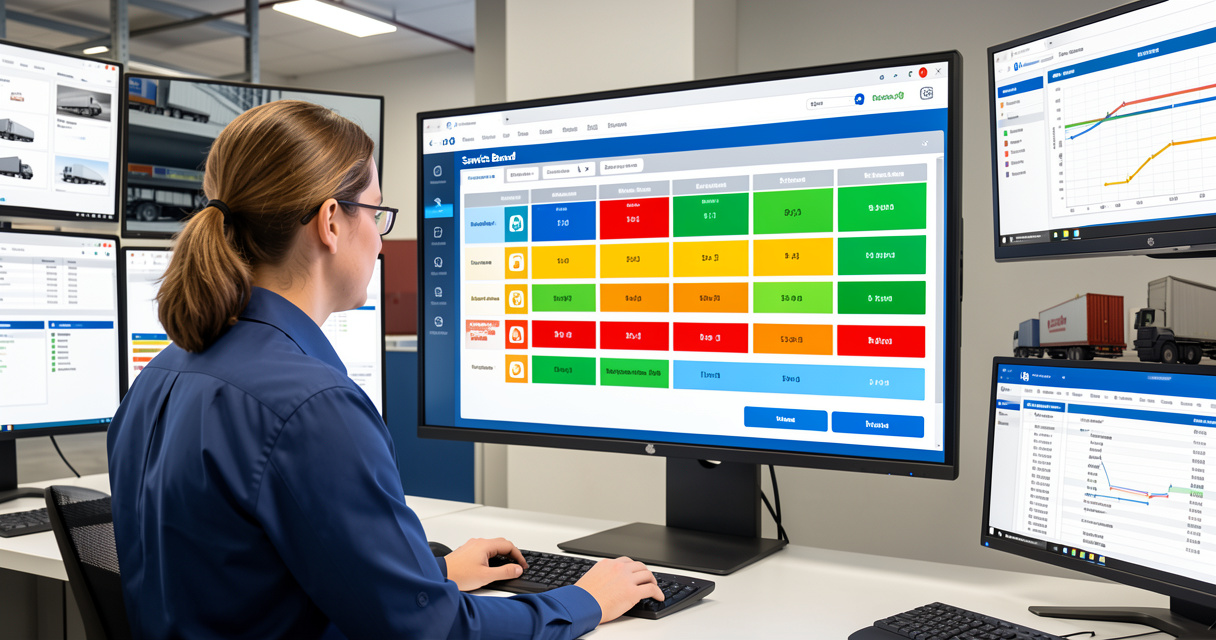 Gestionnaire de flotte consultant le tableau de bord EMDECS avec le Service Board coloré