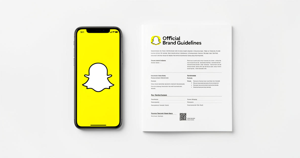 Smartphone affichant le logo Snapchat à côté du guide officiel des règles d'utilisation sur fond blanc.
