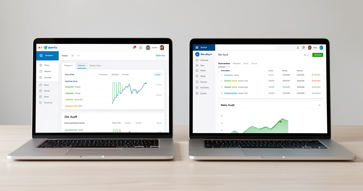 Comparatif Ranxplorer et SEMrush sur deux écrans avec données SEO visibles