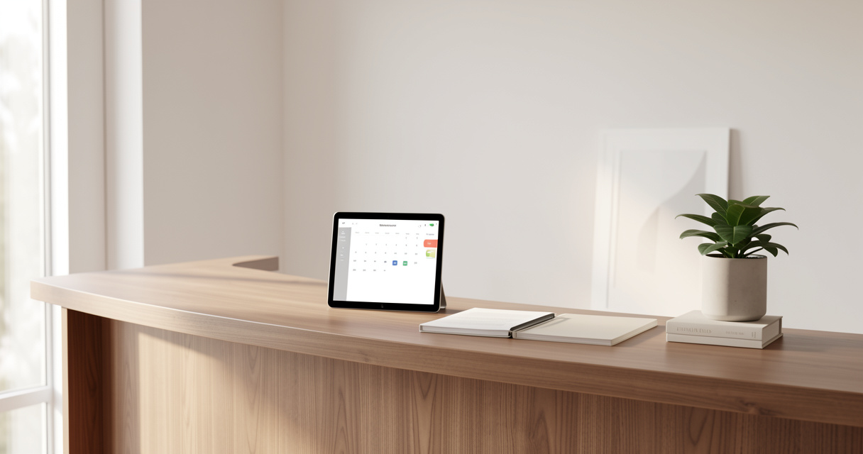 Interface de réservation Bookeo sur tablette dans un salon professionnel