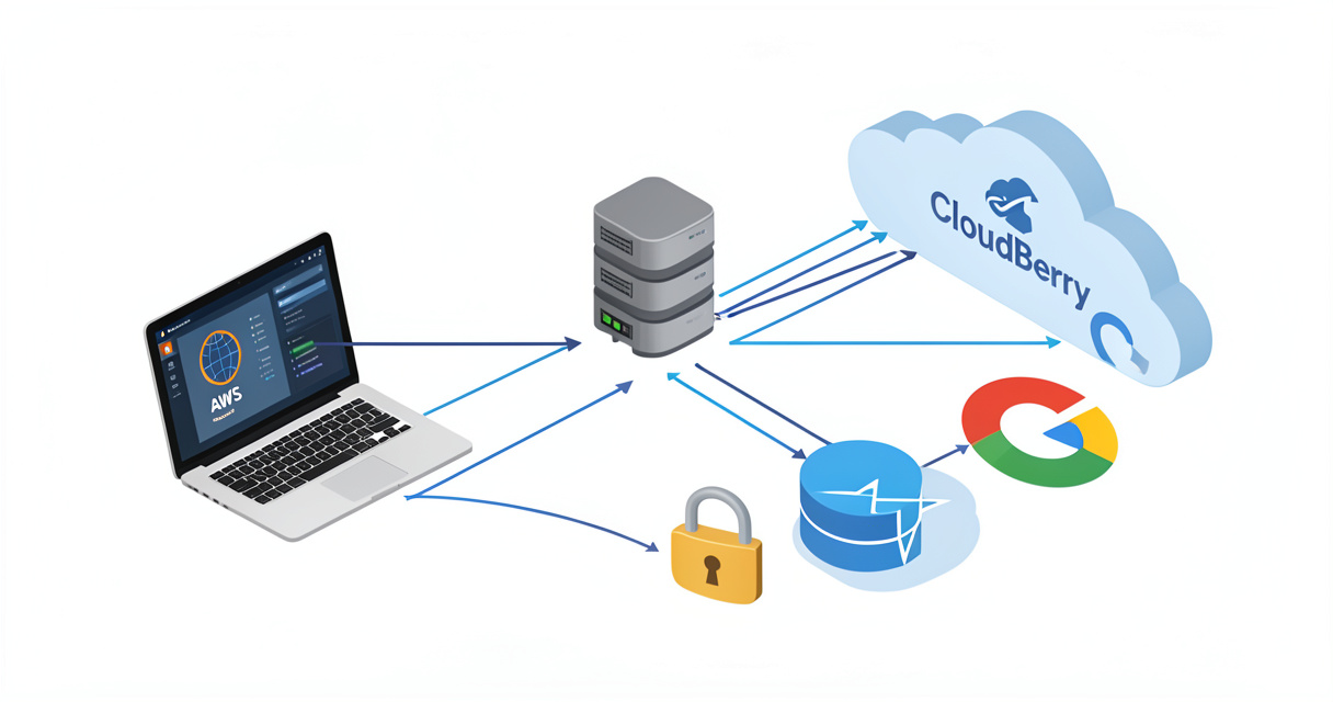Schéma de sauvegarde CloudBerry avec flux de données chiffré vers le cloud
