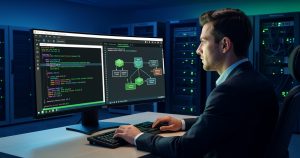 Administrateur système travaillant sur un terminal Linux et des outils de supervision
