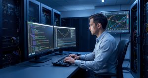Administrateur système utilisant un terminal Linux pour superviser un serveur.