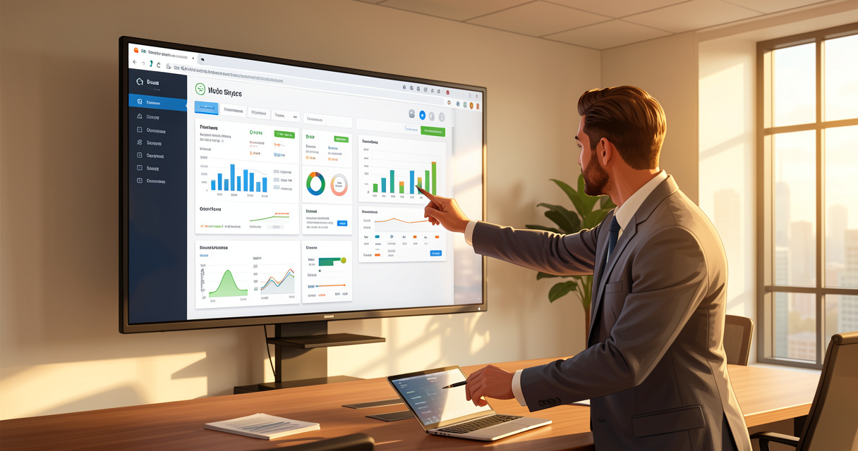 Media buyer analysant un tableau de bord d'achat média en réunion d'agence