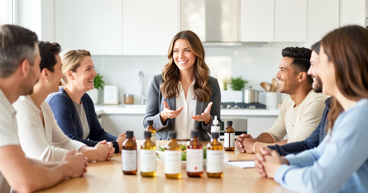 Distributeur de network marketing présentant un produit à son équipe