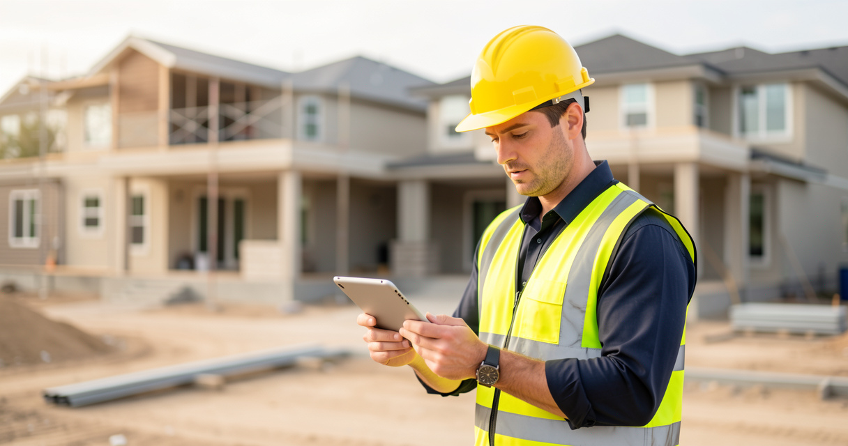 Chef de chantier consulte le logiciel de gestion de chantier Vertuoza sur sa tablette